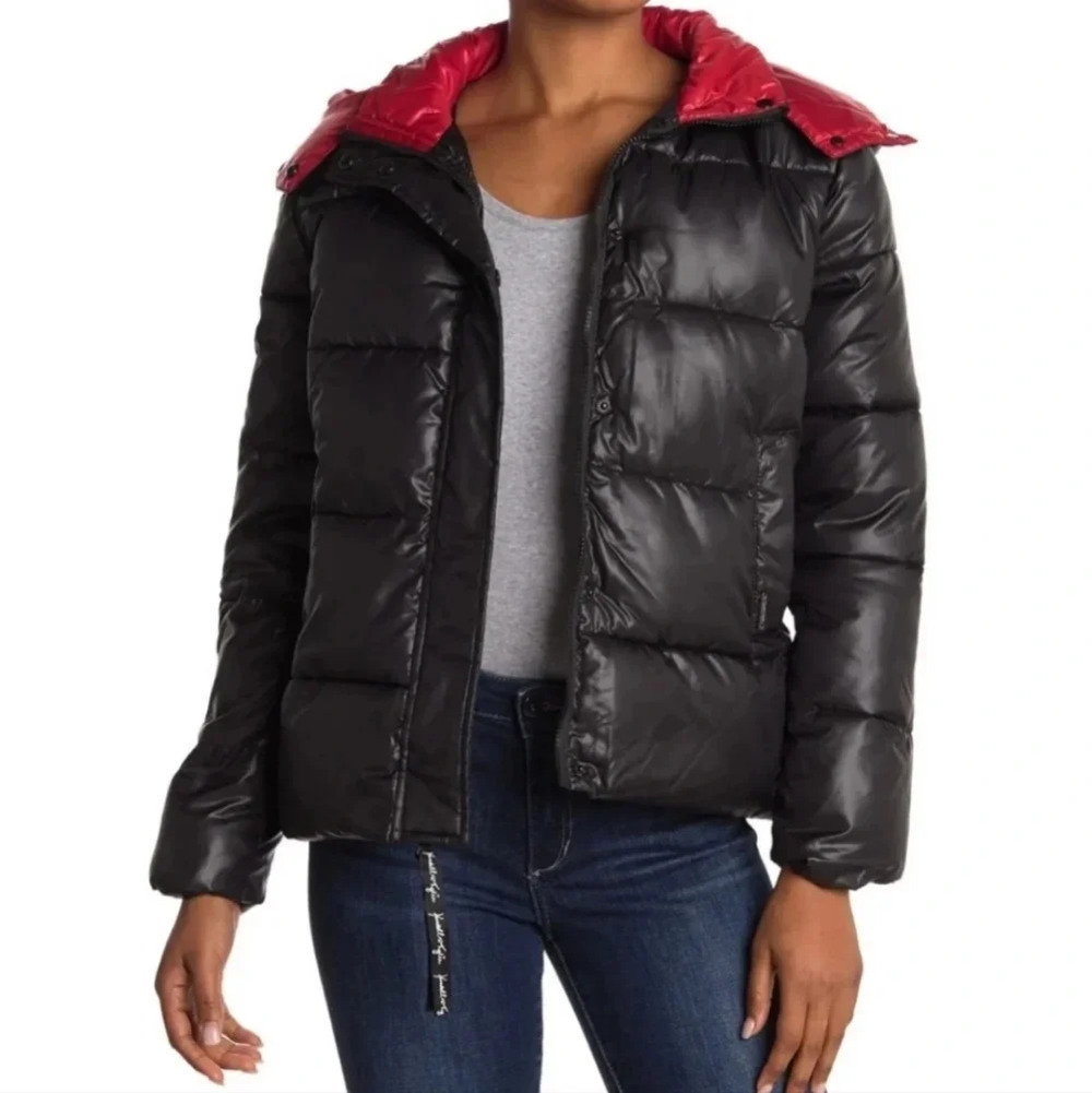 NWT Kendall + Kylie Black & Red Hooded Puffer Coat S